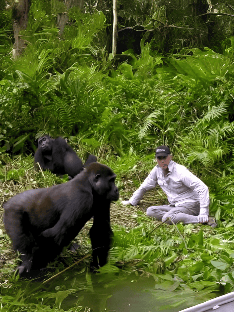 Close-up of gorilla with caretaker in lush jungle setting.
