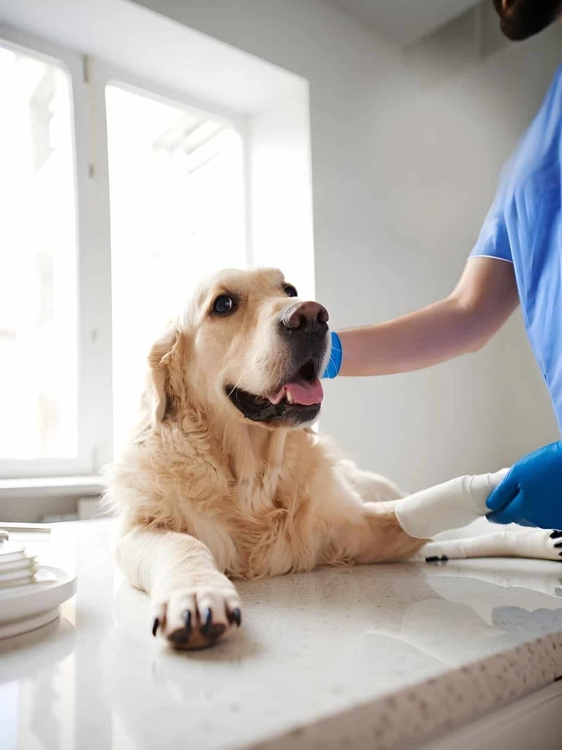 A golden retriever dog lying on an examination table at the vet, getting a medical check-up with a vet technician.