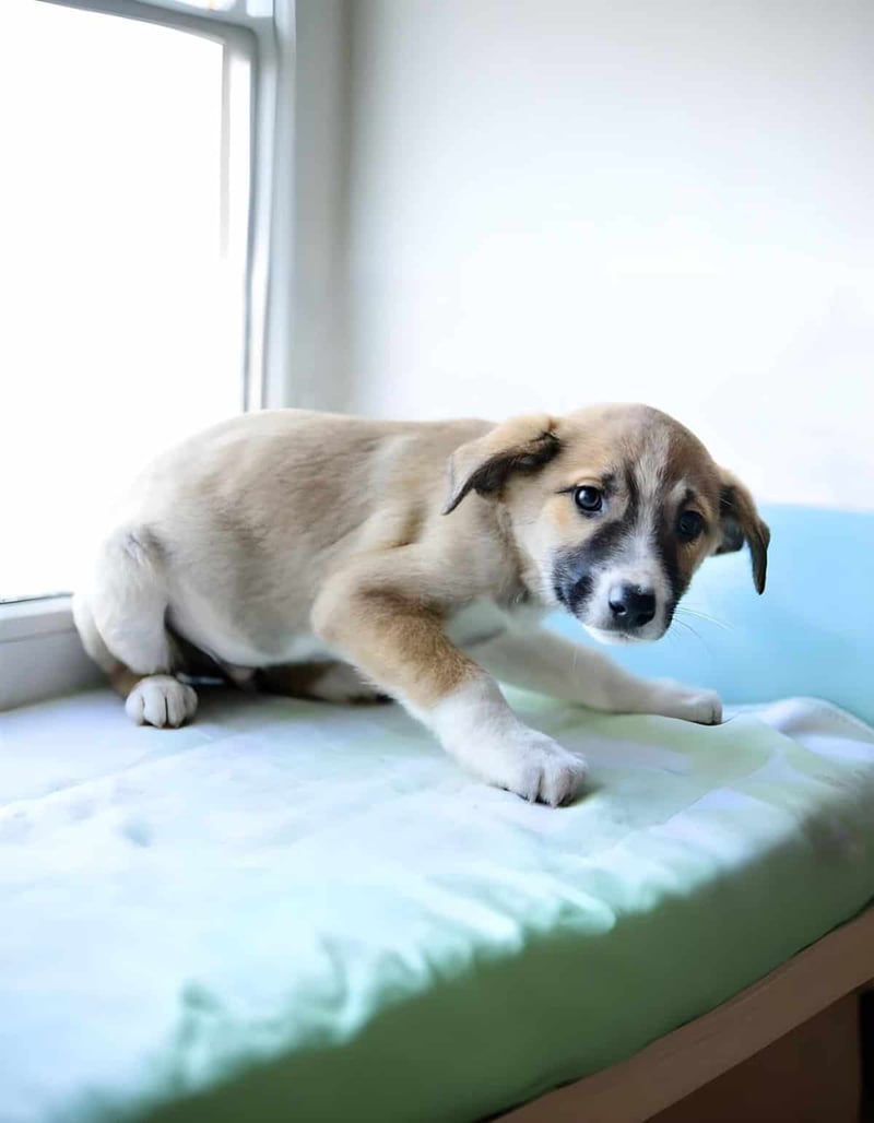 Adorable puppy lying on examination table at veterinary clinic, seeking pet emergency care, health check, or diagnosis.