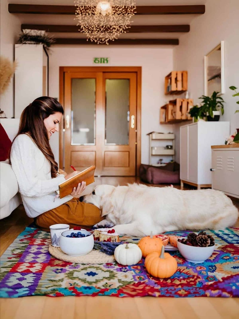Dog and woman sharing a moment in a comfortable, pet-friendly home, surrounded by pumpkins, berries, and seasonal decor.