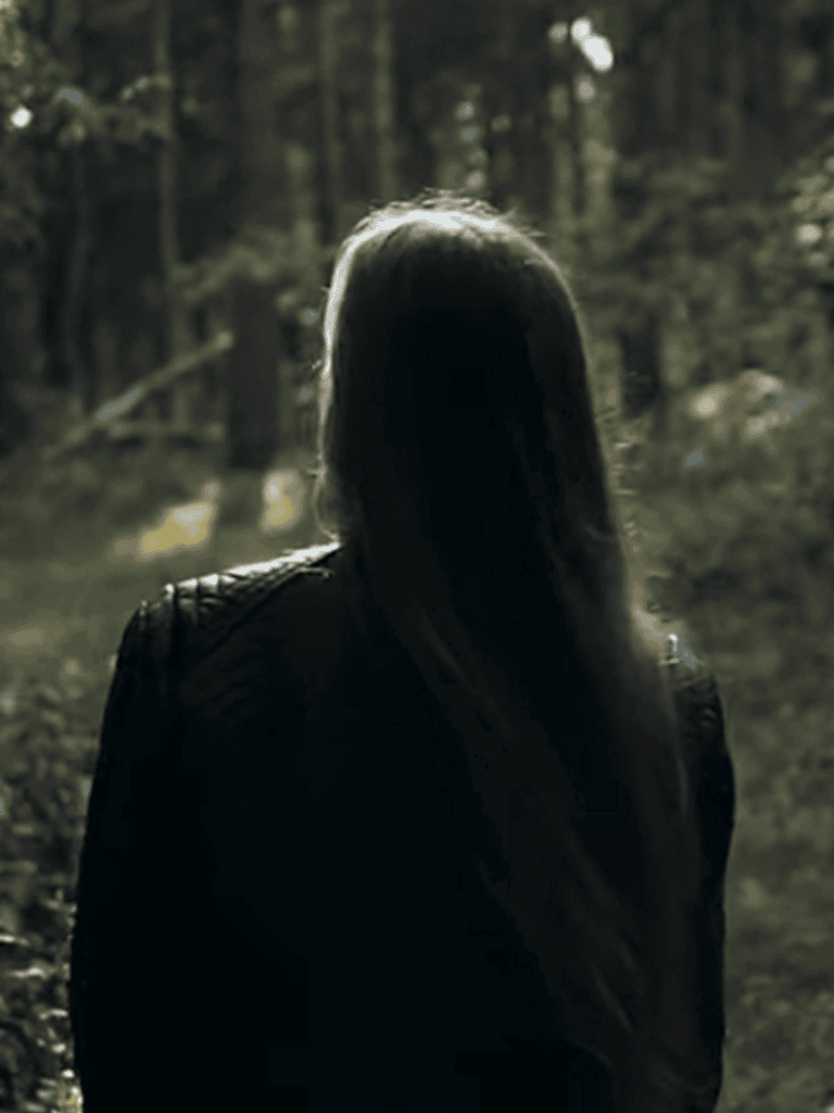 Dark silhouette of a woman standing in a mysterious forest setting at dusk.