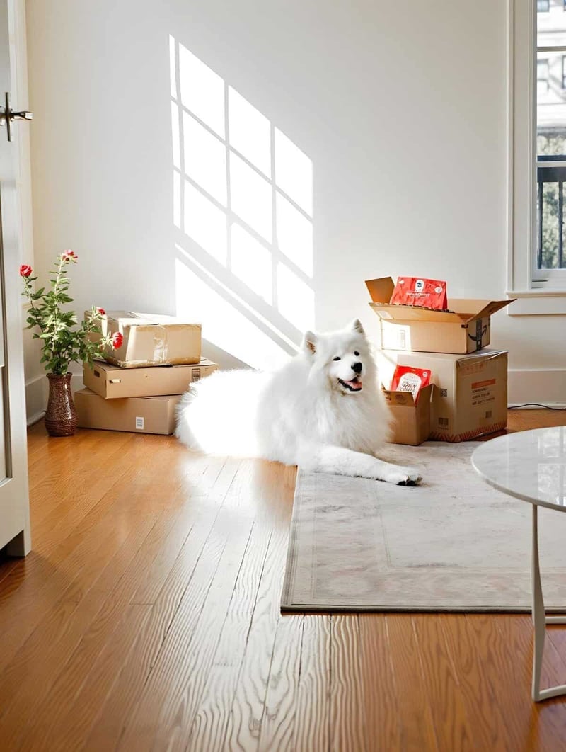 Bright happy Samoyed dog resting near moving boxes in a sunny room.