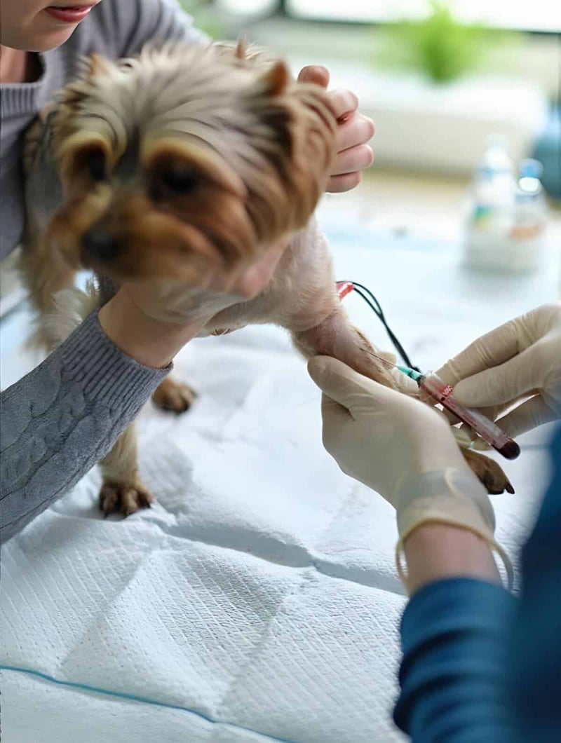 Dog receiving vaccination shot from veterinarian.