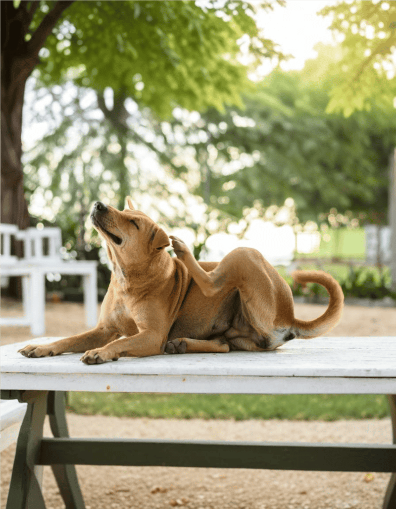 Cute brown dog stretching on a park bench in sunny outdoor setting.