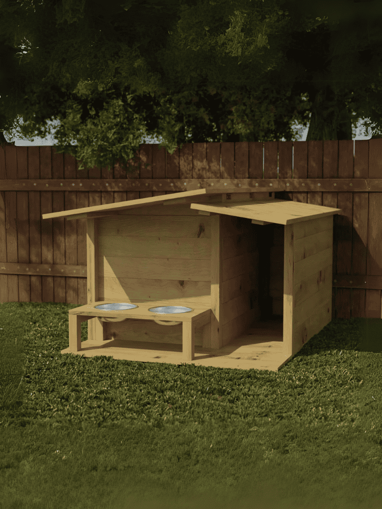 Outdoor dog house with feeding station and elevated roof for pets.