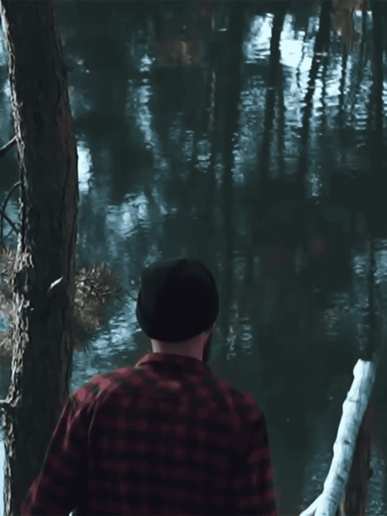 A person gazing at a calm, reflective forest water body, surrounded by trees and nature's tranquility.