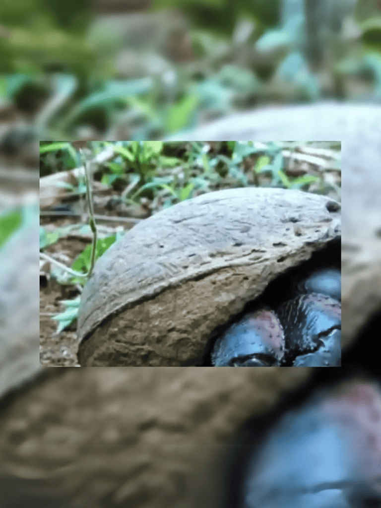 Natural stone turtle shell with a turtle head peeking out, situated on earthy ground, surrounded by greenery.