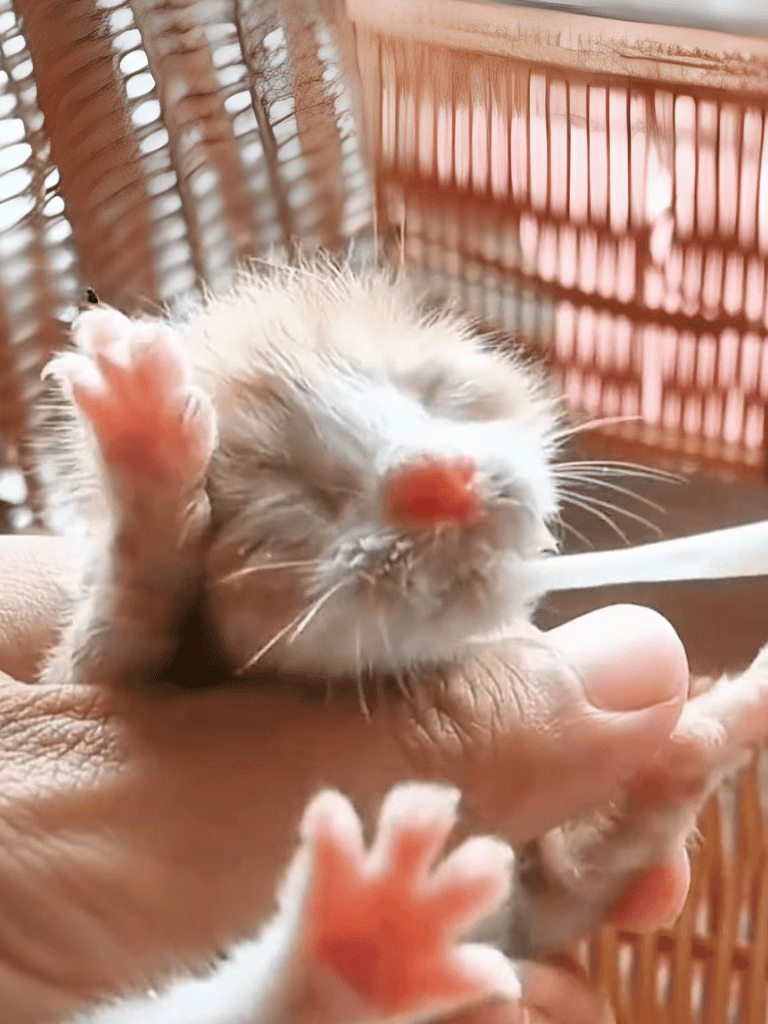 Adorable tiny kitten sleeping peacefully after feeding on a hand, showcasing gentle pet care and cozy moments.