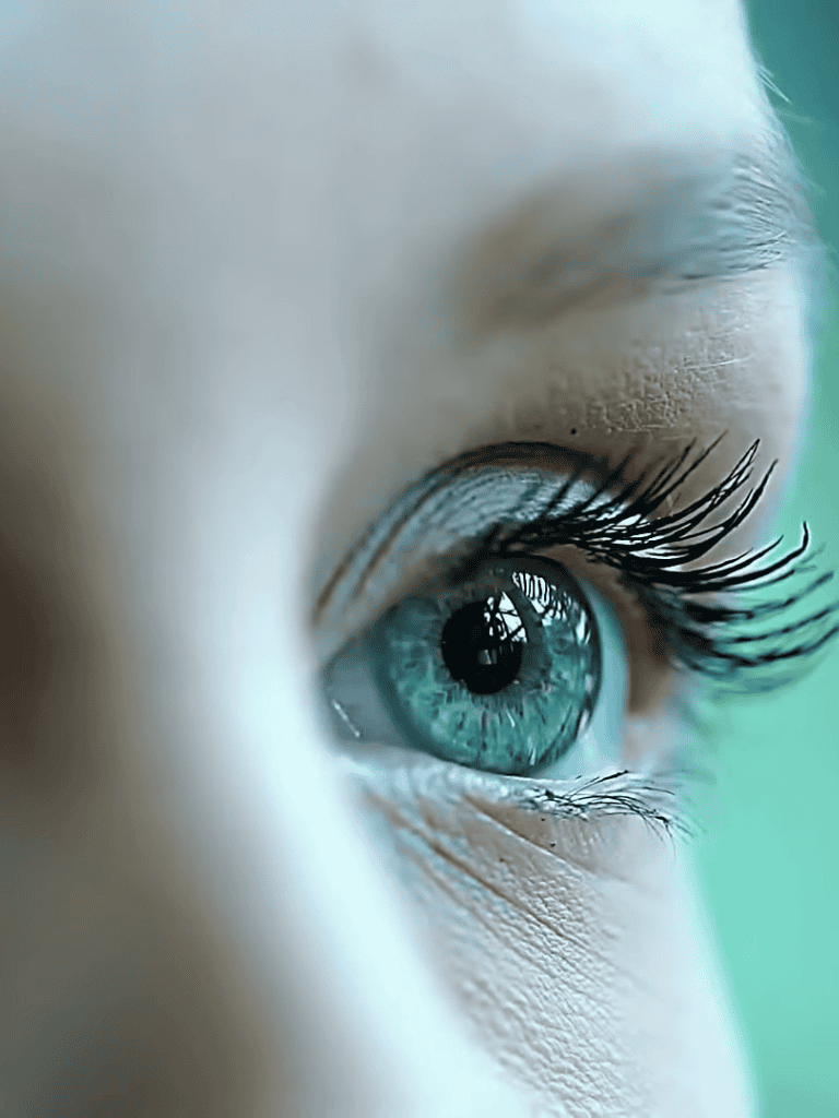 Close-up of a bright blue human eye showing intricate detail and reflection in the iris.