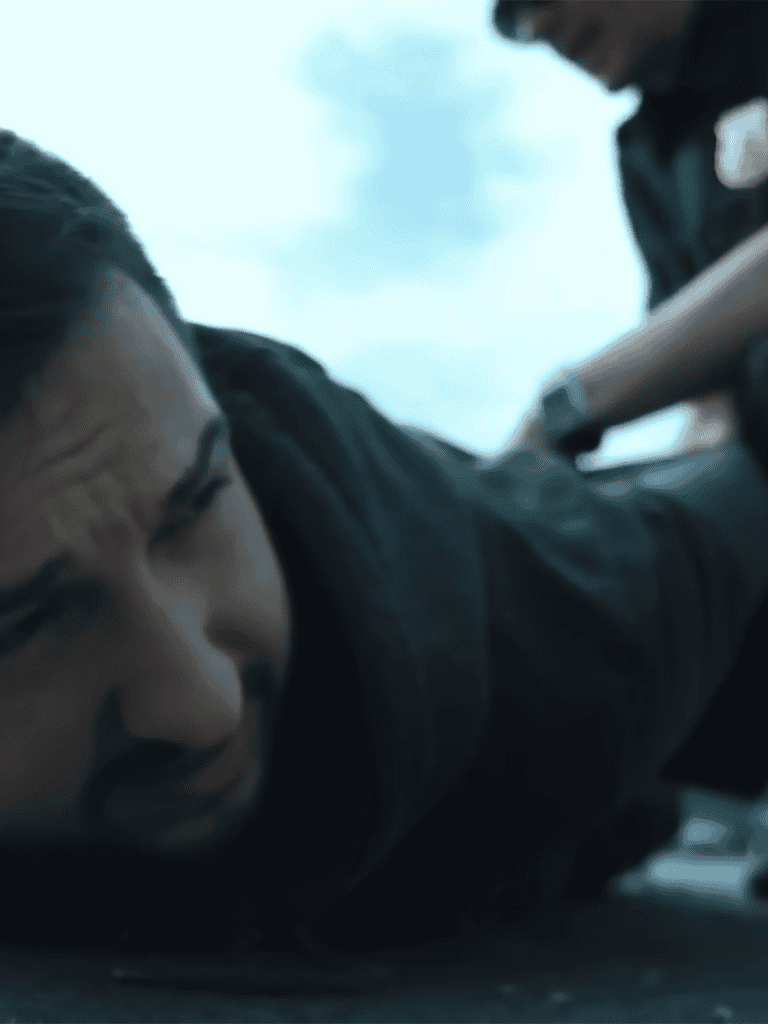 A distressed man is injured on the road after a car accident, highlighting the importance of road safety and emergency response.