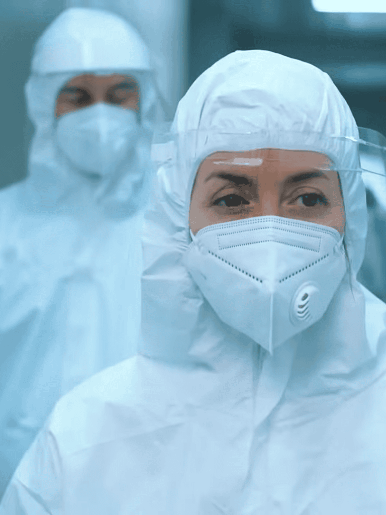 Healthcare workers in PPE gear wearing face masks and shields.