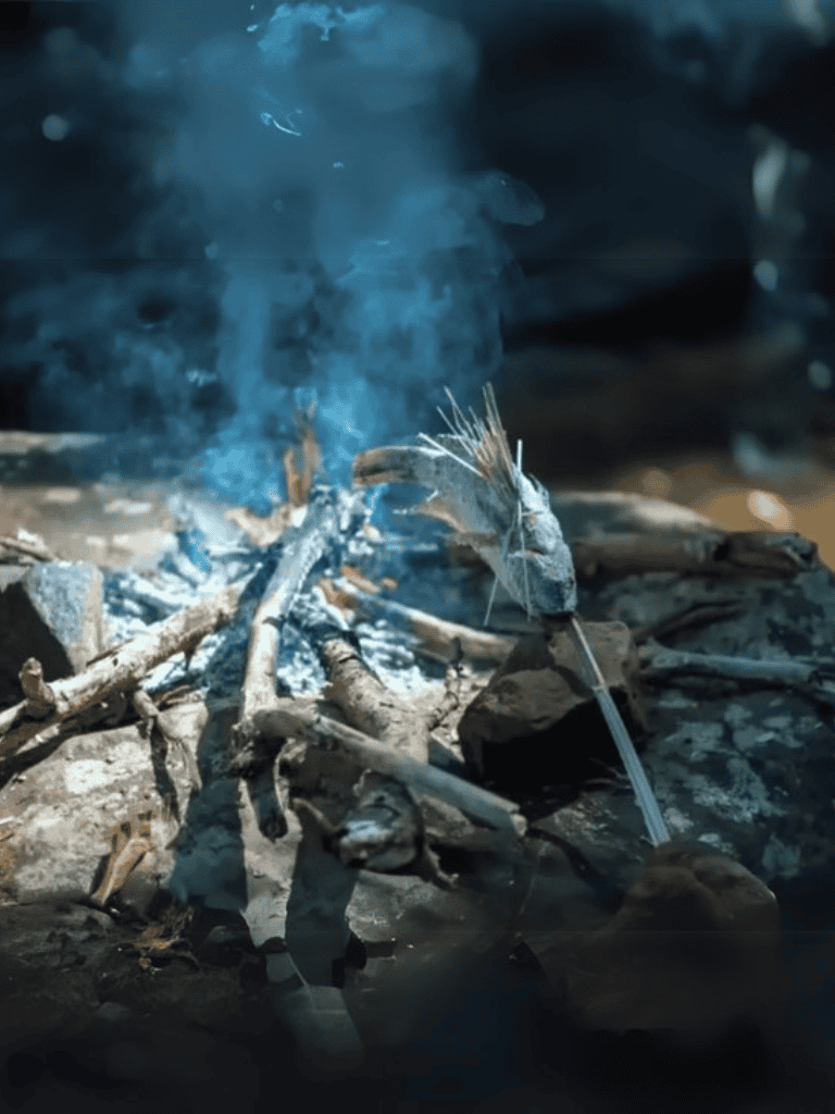 Burning logs and smoke at a campfire.