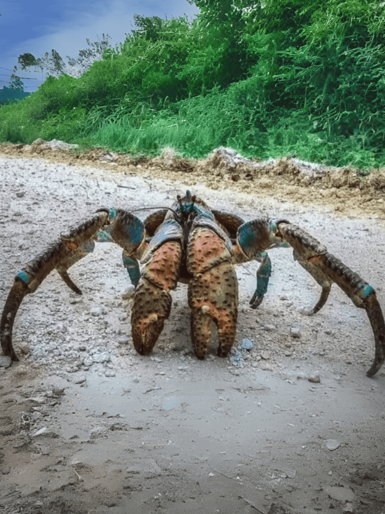 Close-up of a large, colorful crab walking on a dirt path beside lush greenery.