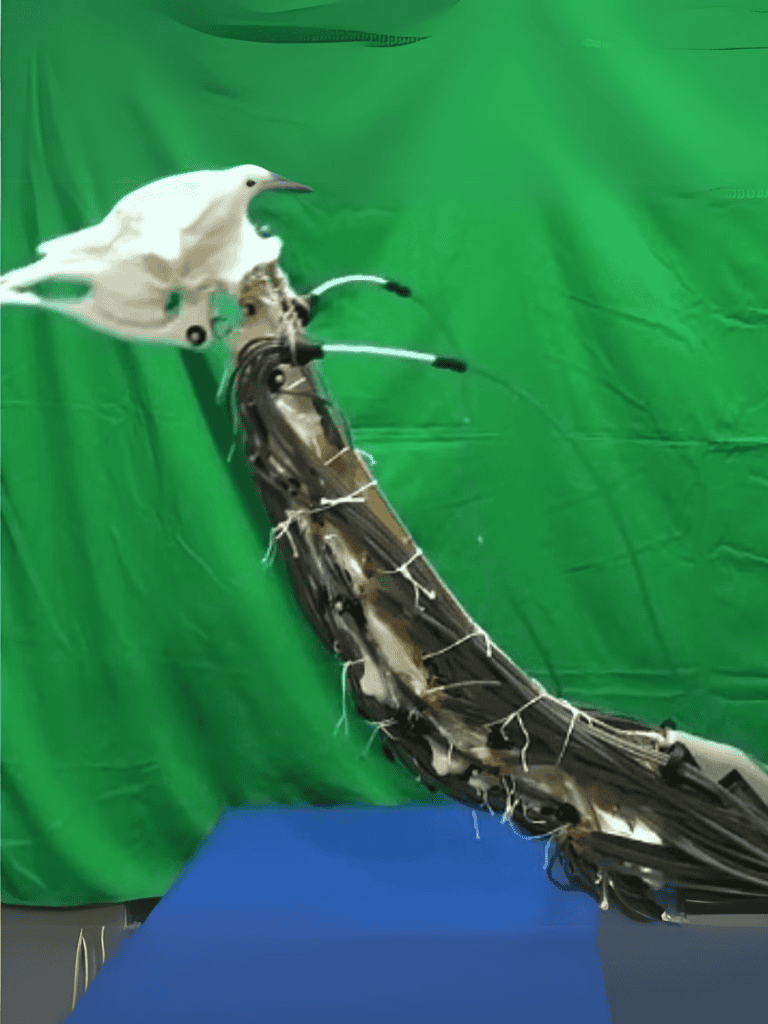 Seagull perched on a drone against a green screen background.