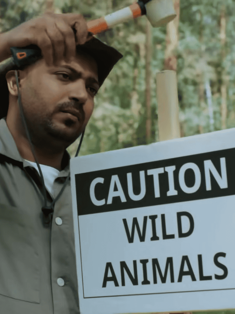 Farmer holding warning sign in forest area.