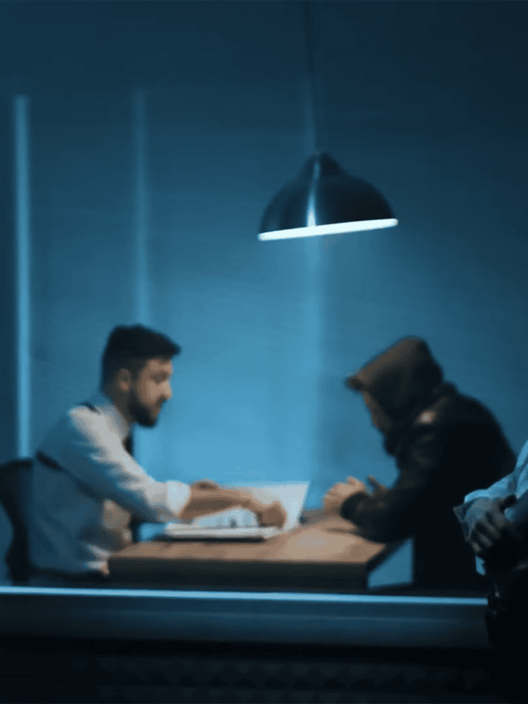 Alt: Two men in discussion at a table, one wearing a hoodie, in a professional and calm environment.