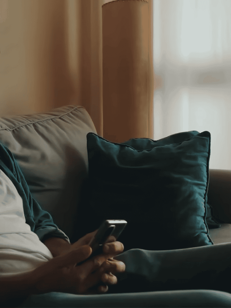 Alt: Person relaxing on sofa using phone, blue pillows, cozy home setting.