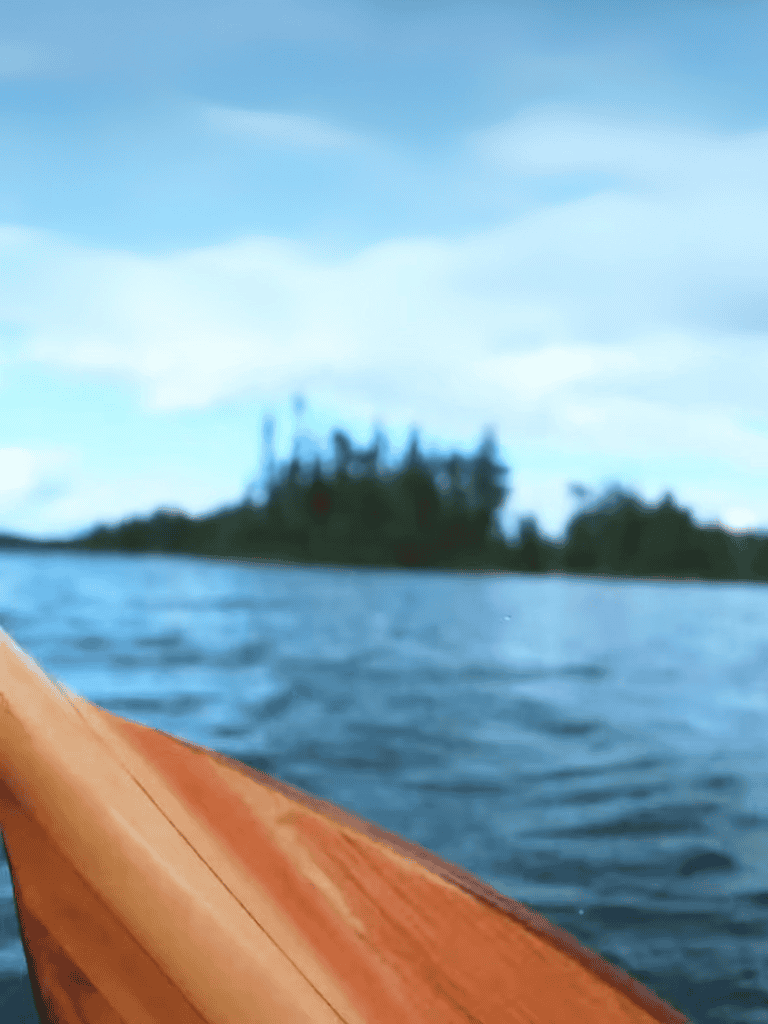 Scenic boat ride on a lake with an island and blue sky background.