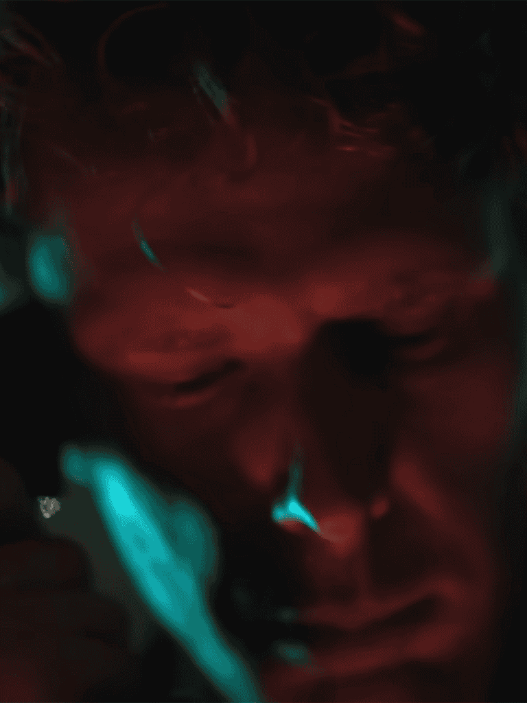 Dog lying down in dark, colorful neon lighting for a cozy, nighttime vibe.