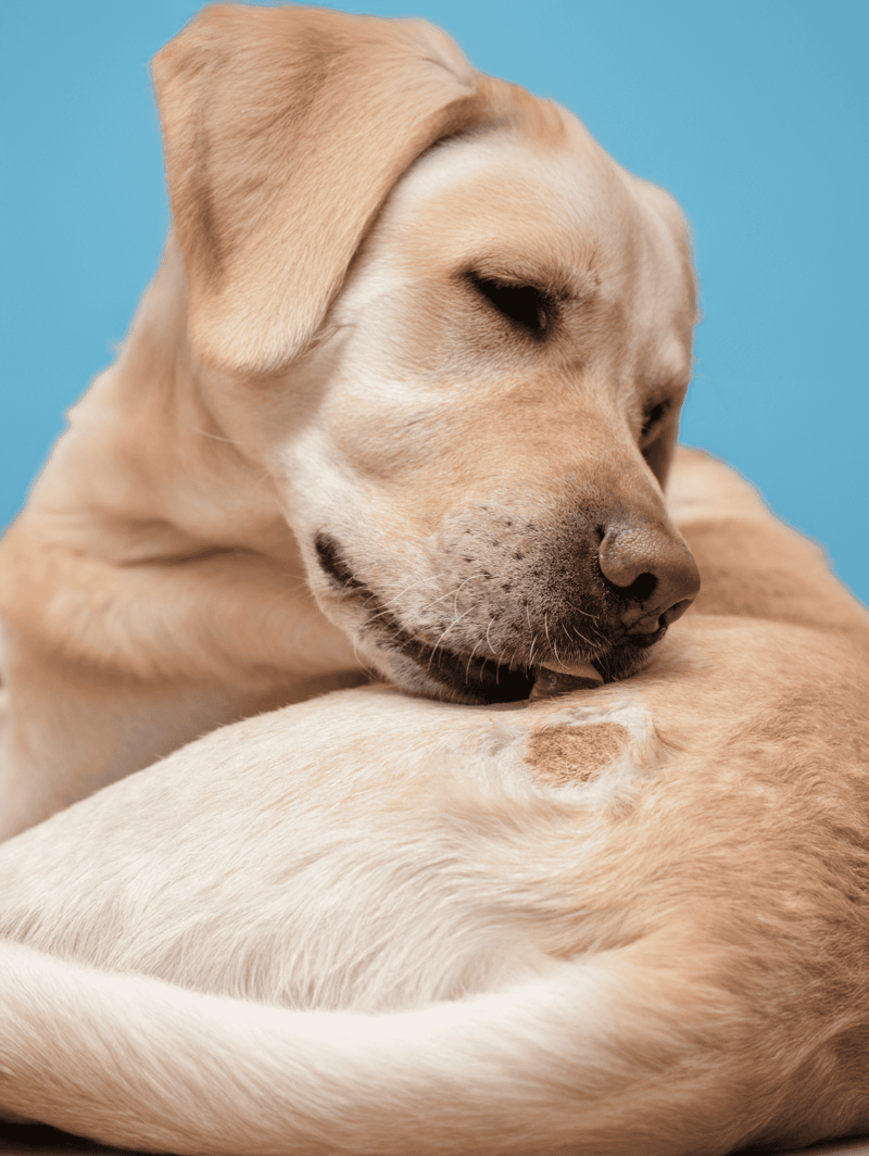 Close-up of a sleeping Labrador Retriever dog on a blue background.