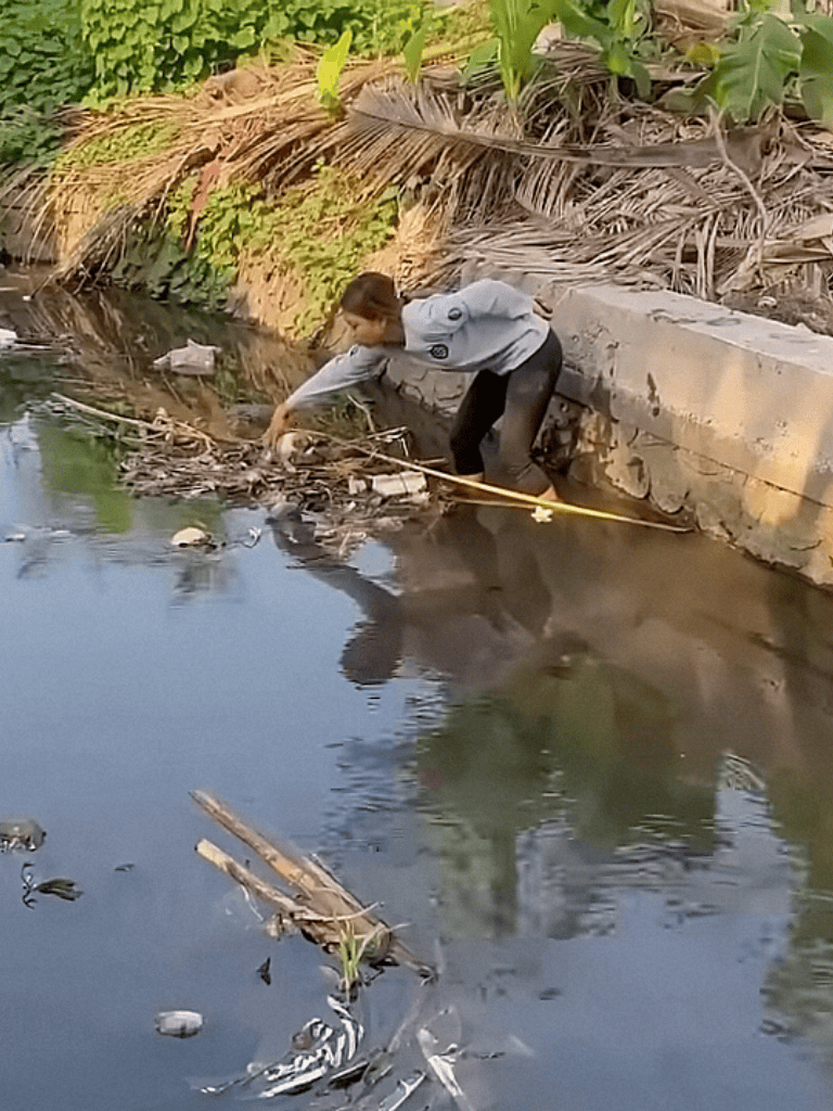 Woman removing trash from river, promoting cleanliness and environmental responsibility.