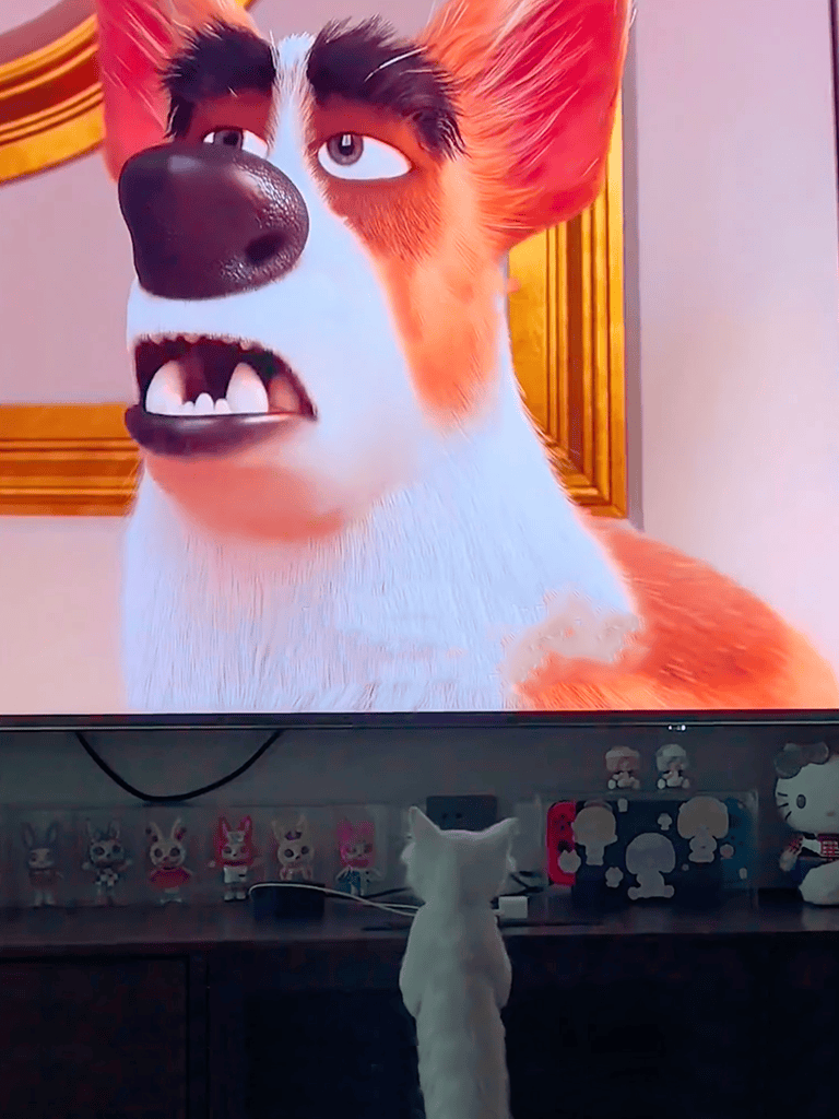 Expressive dog reacting to animated TV show.