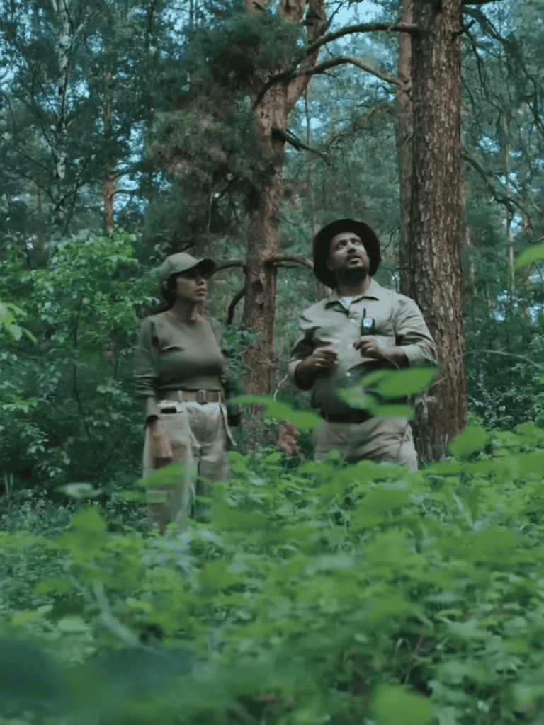 Hiking with friends in scenic forest setting.