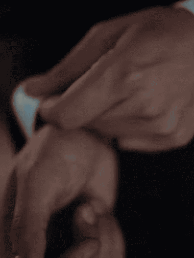 Close-up of a dog snuggling with a human hand, showcasing love and companionship.